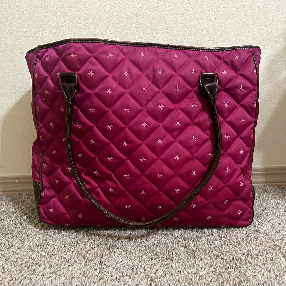 Eddie Bauer Down Quilted Magenta Tote Bag Dark Brown Handles Travel Casual Nylon